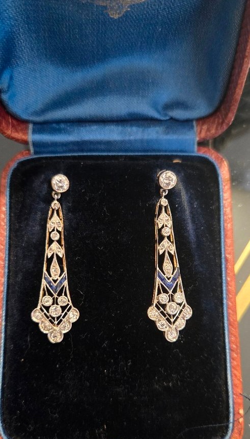 Art Deco Earrings In 18ct White And Yellow Gold Set With Sapphires And Diamonds -photo-4