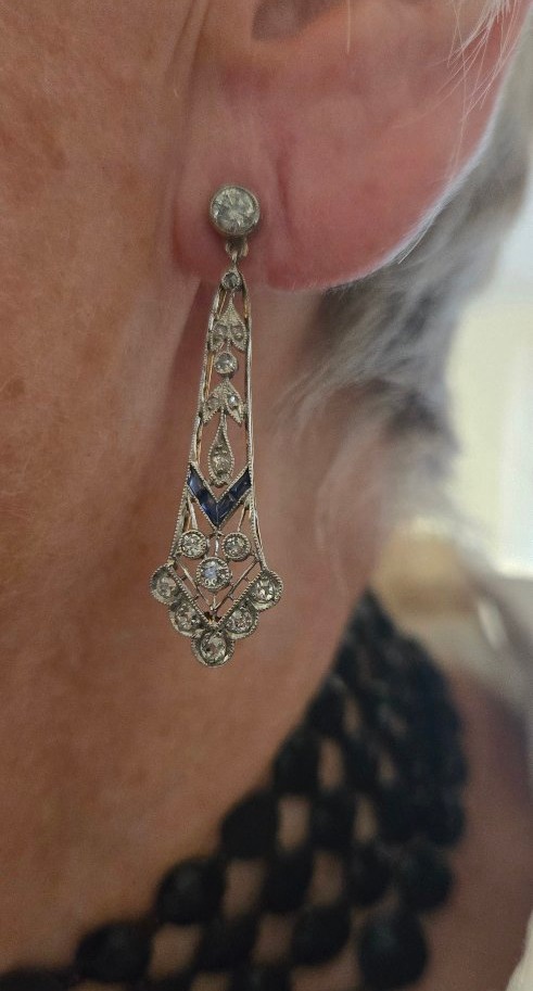 Art Deco Earrings In 18ct White And Yellow Gold Set With Sapphires And Diamonds -photo-1