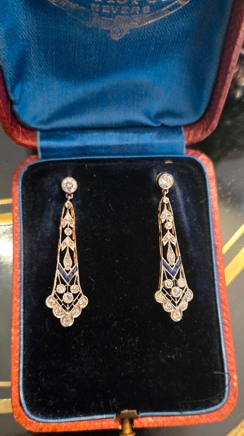 Art Deco Earrings In 18ct White And Yellow Gold Set With Sapphires And Diamonds -photo-2