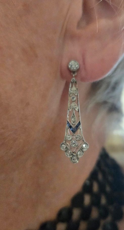 Art Deco Earrings In 18ct White And Yellow Gold Set With Sapphires And Diamonds -photo-4