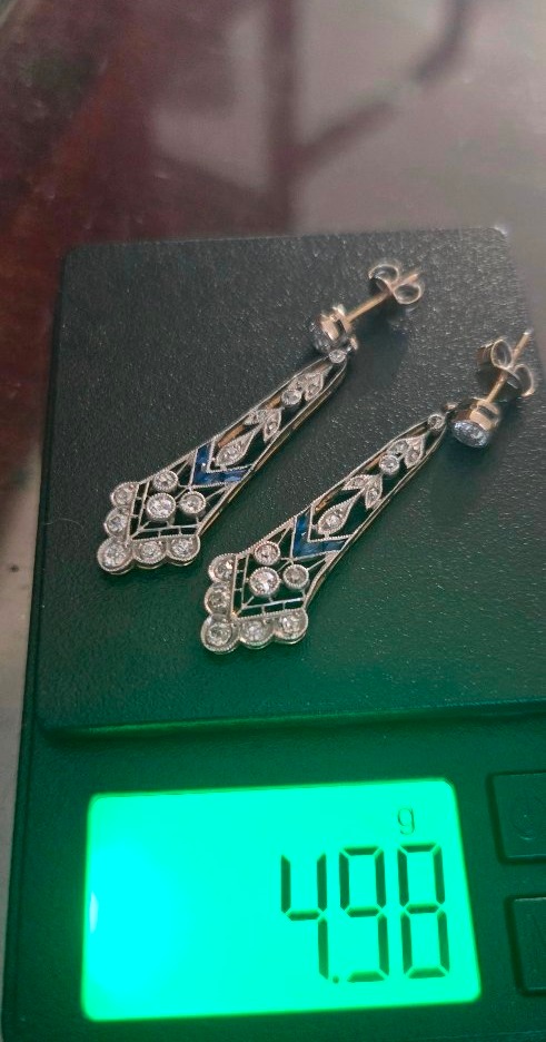 Art Deco Earrings In 18ct White And Yellow Gold Set With Sapphires And Diamonds -photo-5