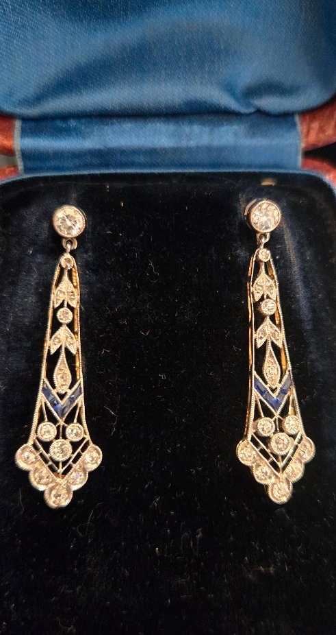 Art Deco Earrings In 18ct White And Yellow Gold Set With Sapphires And Diamonds 