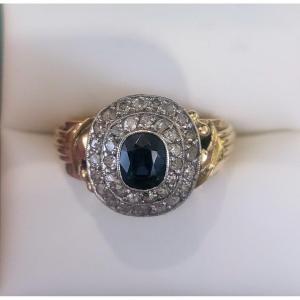 Pompadour Ring In 14ct Gold With A Central Sapphire And A Double Halo Of Diamonds 