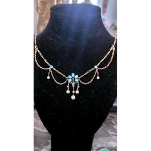 Belle Epoque - Collier Feston Avec Opale, Perles Et Un Tourmaline En Or 9ct 