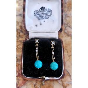 Belle Epoque Boucles d'Oreilles En Or 15ct Et Turquoise 