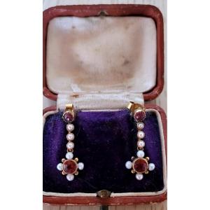 Belle Epoque - Gold Earrings With Garnets, Amethyst And Pearls