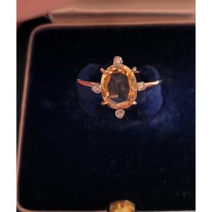 Belle Epoque Bague En Or 18ct Serti d' une Citrine Et de Diamants 