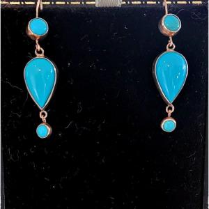 Boucles d'Oreilles Anciennes Turquoise Serties Sur Or.