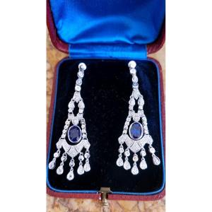 Vintage "art Deco" Style Earrings In 18ct Gold, Sapphires And Diamonds 