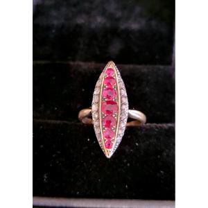 Belle Epoque “navette ” Ring In 18ct Gold, Ruby And Diamonds 