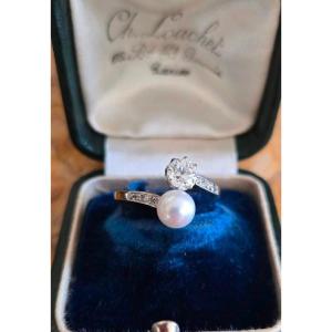 "Toi et Moi" Bague Belle Époque en Or 18ct sertie d'un Diamant "Taille ancien" Perle naturelle 