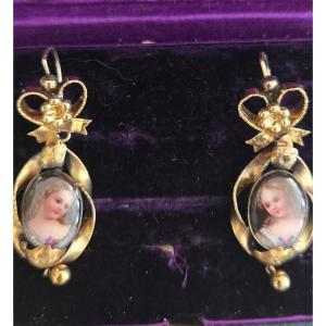 Napoléon 111 Boucles d'Oreilles En Or 14ct et Émail