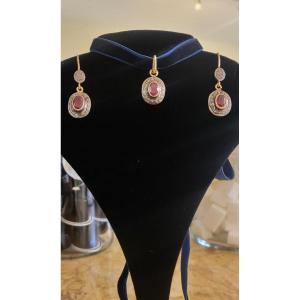 Boucles d'Oreilles Et Pendentif Sertis En Vermeil Avec Rubis