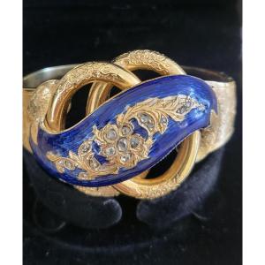 Napoléon 111 Bracelet/Manchette en Or Jaune,  Émail bleu et Diamants 