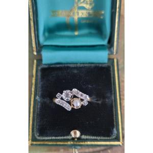 Bague "Toi et Moi" en Or 18ct avec Diamants et une Perle, Taille Rose et 
