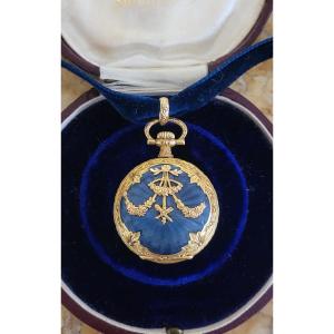 Napoléon 111 Pendentif/Montre Gousset en Or 18ct et Émail