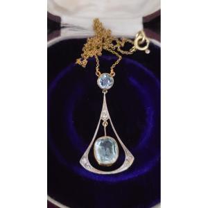 Art Deco Necklace - Set With Aquamarines And Diamonds, In 14ct Gold