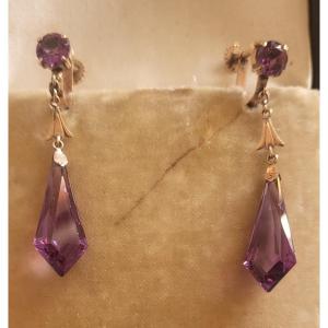 Art Deco Earrings In 14ct Gold Set With Violet Sapphires.