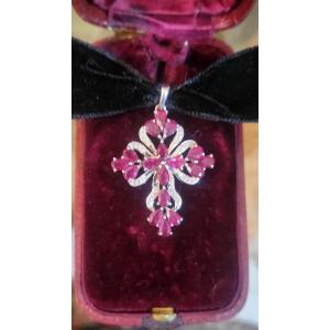 Contemporary Cross Set With Rubies On Silver 
