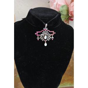 Pendentif Art Déco en Or 18cts serti de Spinelles Rouge et de Diamants 