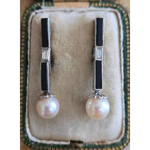 Art Deco - Pair Of Onyx And Diamond Earrings In White Gold