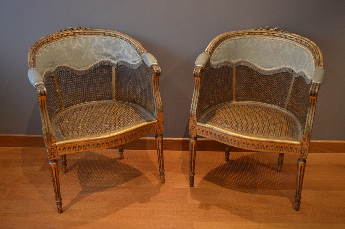 Pair Of Armchairs In Golden Wood And Canes In The Louis XVI Style.-photo-2