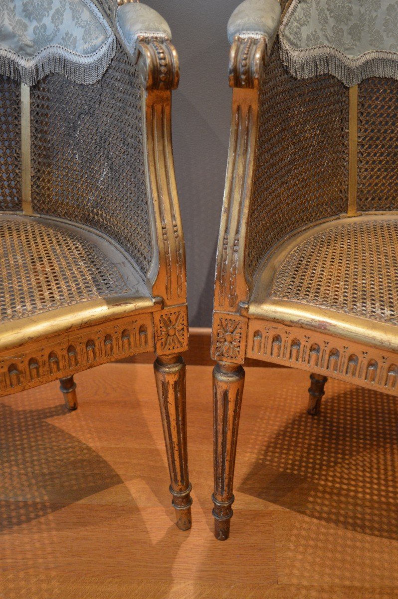 Pair Of Armchairs In Golden Wood And Canes In The Louis XVI Style.-photo-2