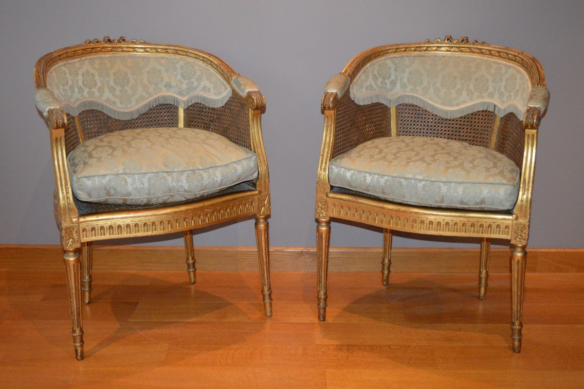 Pair Of Armchairs In Golden Wood And Canes In The Louis XVI Style.