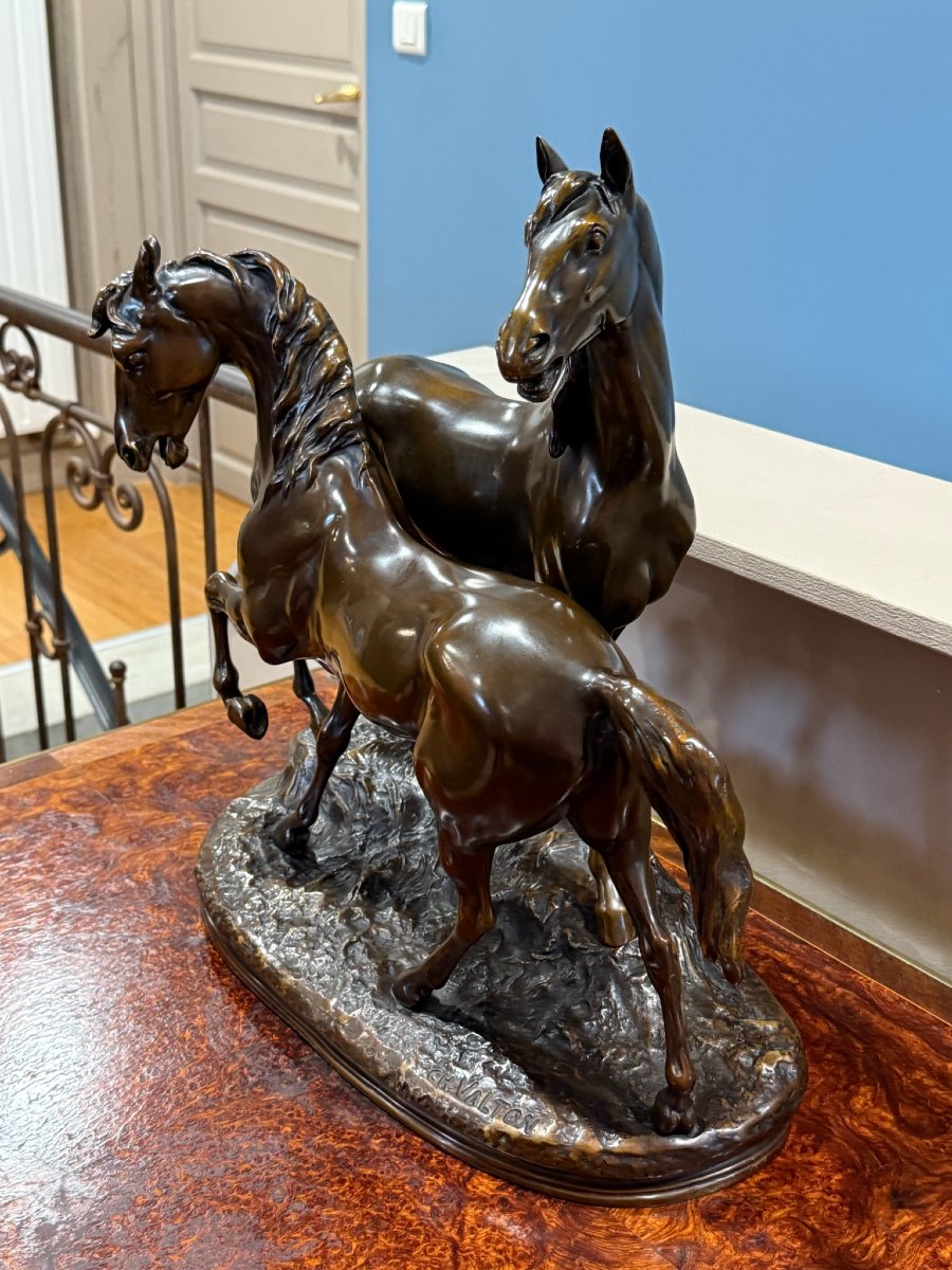 A.L. Barye et Ch. Valton - L'accolade des chevaux-photo-1