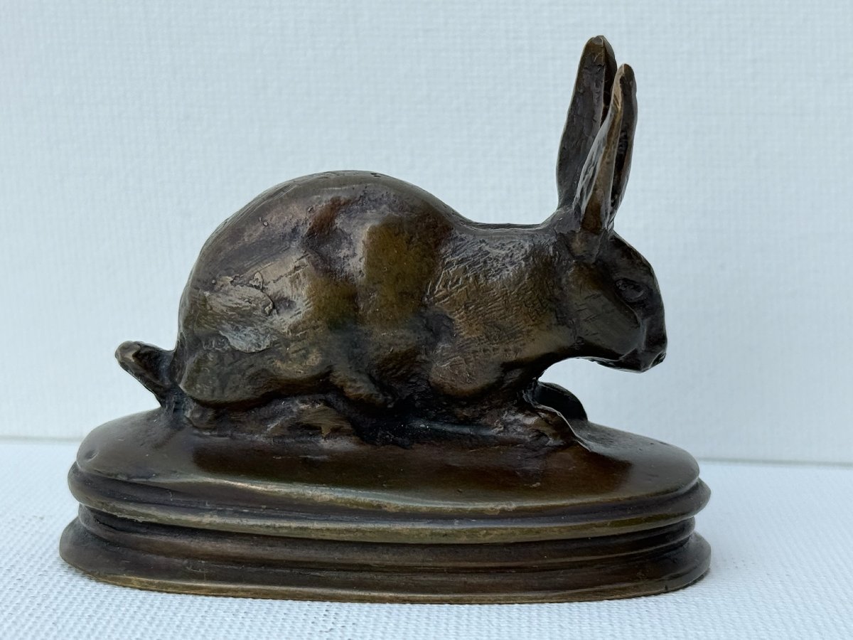 A.l. Barye - Hare With Ears Pricked Up - 20th-century Bronze Sculpture-photo-2