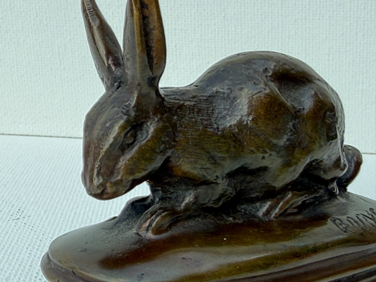 A.l. Barye - Hare With Ears Pricked Up - 20th-century Bronze Sculpture-photo-3