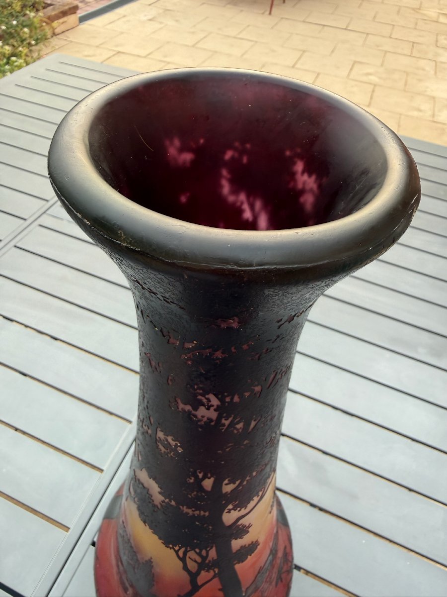 DAUM NANCY - Important vase Art Nouveau « Paysage Lacustre au Crépuscule » - Hauteur 66 cm-photo-4
