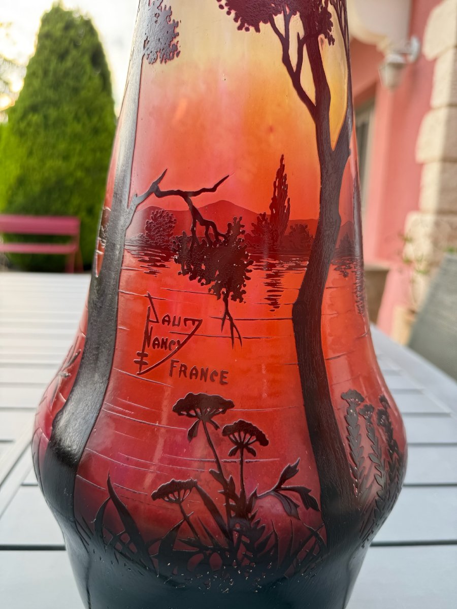 DAUM NANCY - Important vase Art Nouveau « Paysage Lacustre au Crépuscule » - Hauteur 66 cm-photo-1