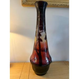 Daum Nancy - Large Art Nouveau Vase, “lakeside Landscape At Dusk” - Height: 66 Cm