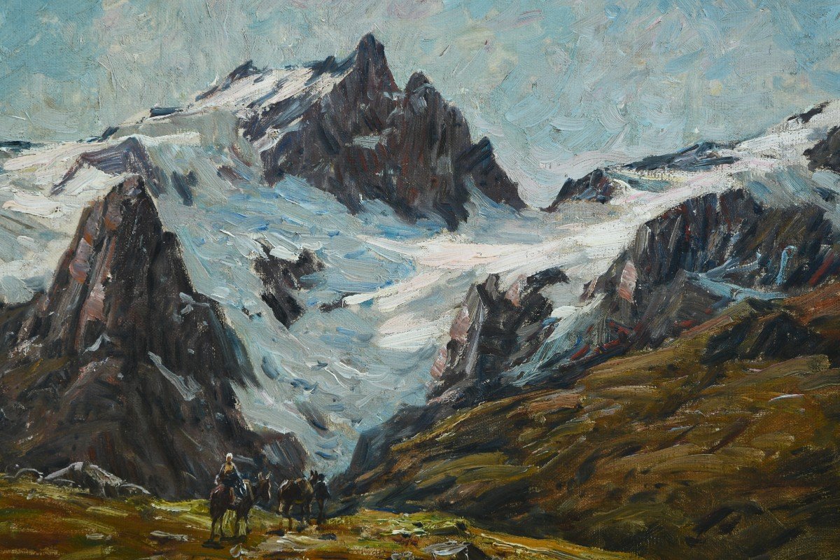 Tableau Huile Sur Toile Paysage Montagne De Clovis Terraire 1858-1931 Cavalier Devant La Meije-photo-2