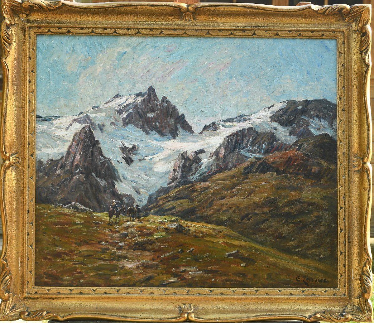 Tableau Huile Sur Toile Paysage Montagne De Clovis Terraire 1858-1931 Cavalier Devant La Meije