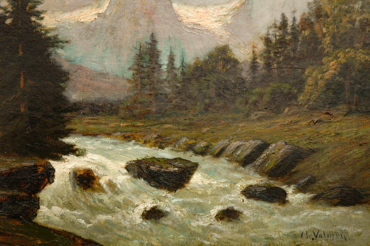 Tableau XIX Huile Sur Toile Paysage Montagne Signé Charles Valentin-photo-3