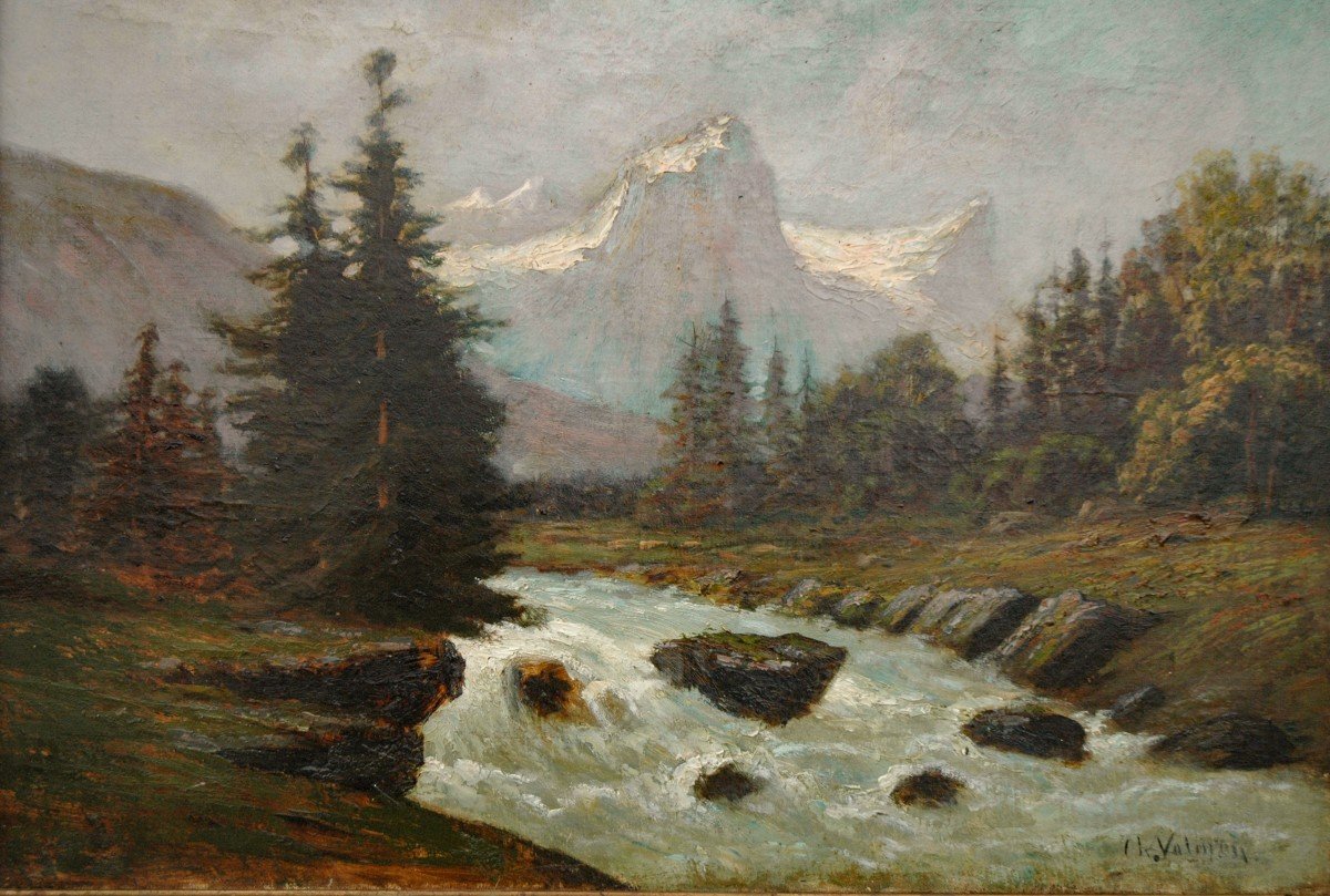 Tableau XIX Huile Sur Toile Paysage Montagne Signé Charles Valentin-photo-1