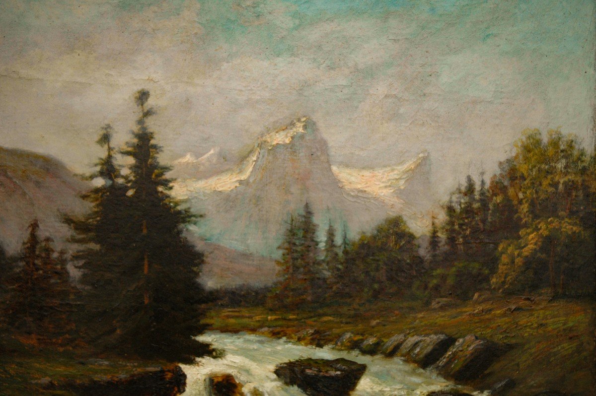 Tableau XIX Huile Sur Toile Paysage Montagne Signé Charles Valentin-photo-2