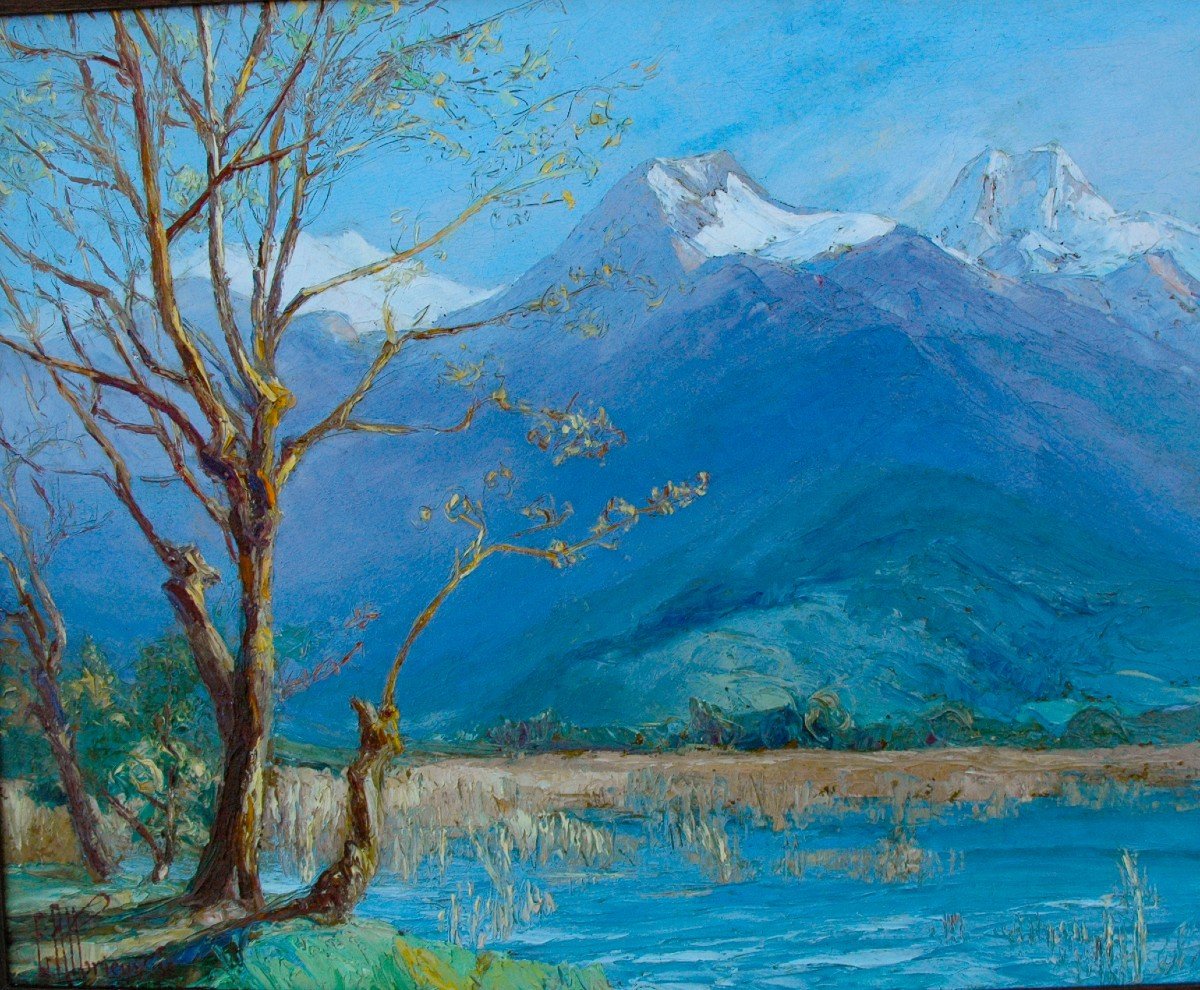 Table XIX Mountain Landscape Oil Thick Cardboard Signed By Etienne Albrieux-photo-3