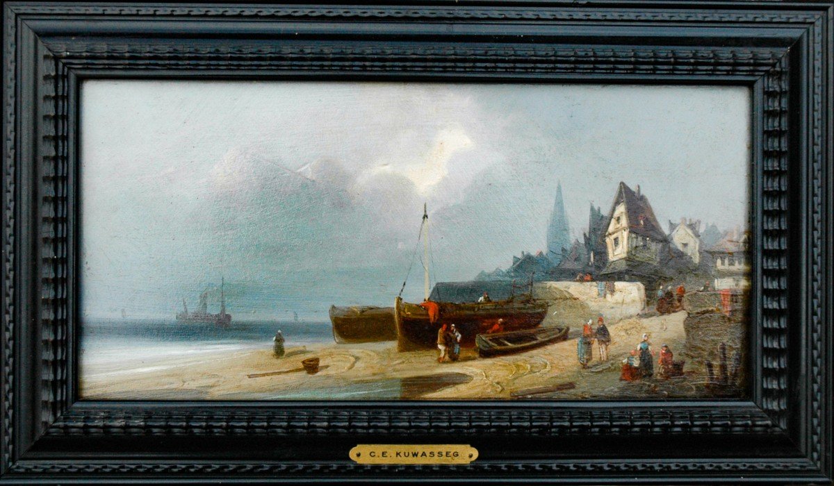 Tableau XIX Marine Huile Sur Panneau De Charles Euphrasie Kuwasseg