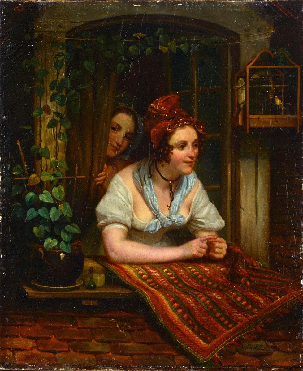 Berthier Jean-antoine XIX Deux Femmes à La Fenêtre-photo-4