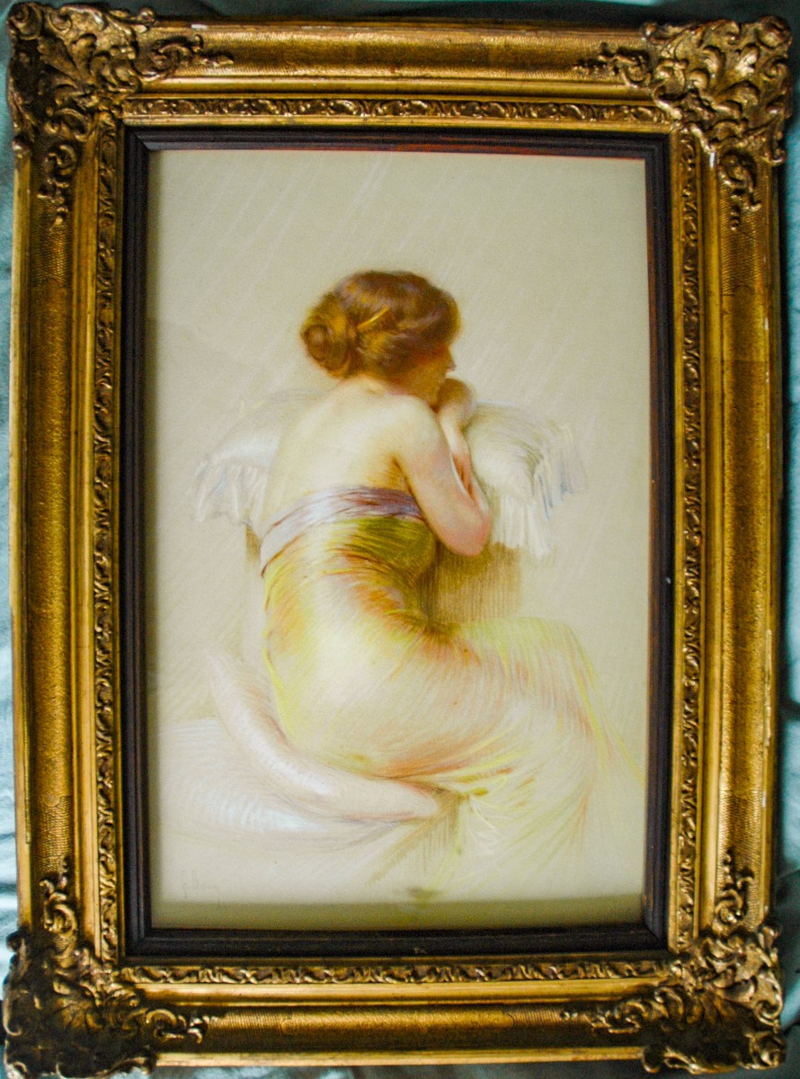Tableau XIX Pastel Sous Verre Femme Signe Gaston Bouy