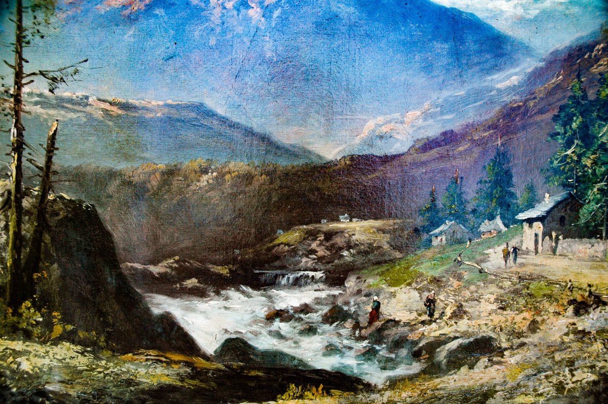 Tableau XIX HST Paysage de montagne, torrent signé GODCHAUX-photo-2