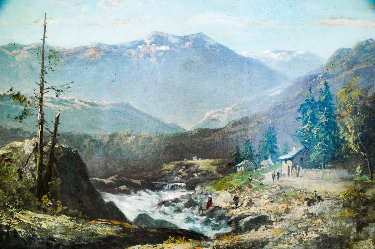 Tableau XIX HST Paysage de montagne, torrent signé GODCHAUX-photo-3