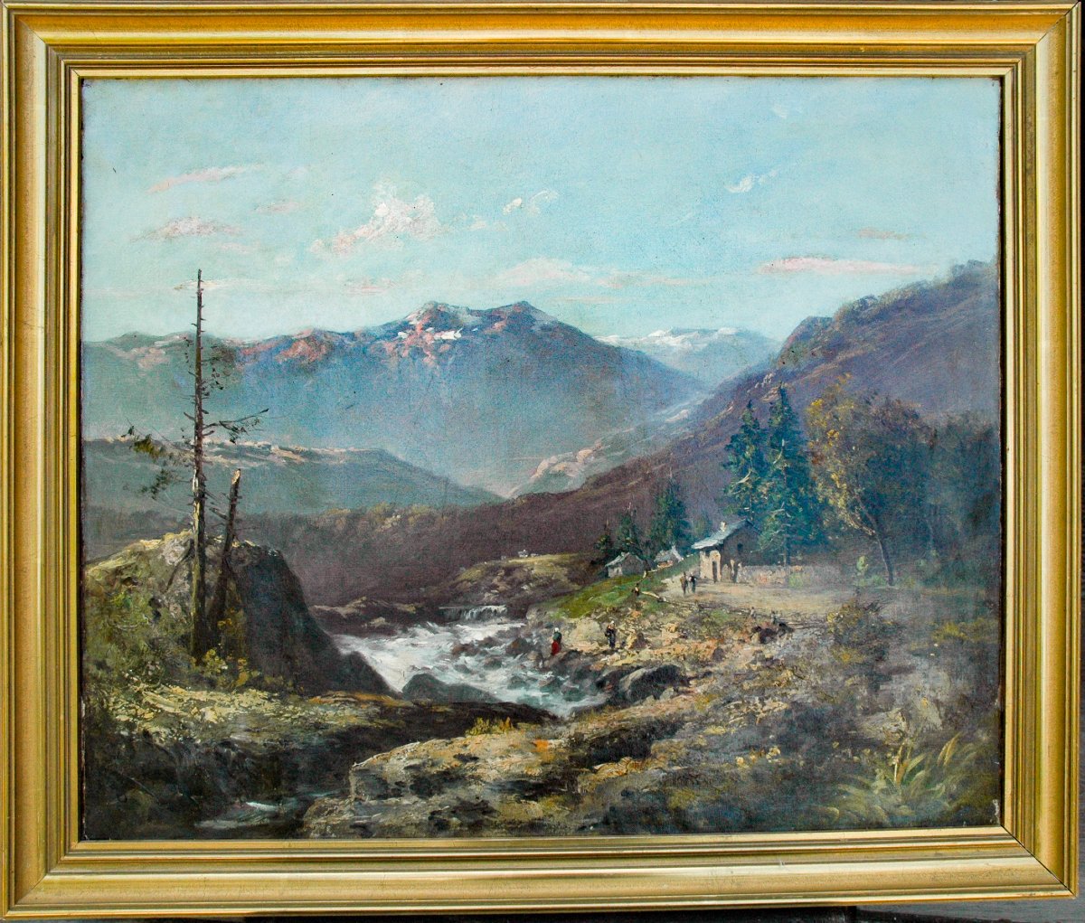 Tableau XIX HST Paysage de montagne, torrent signé GODCHAUX-photo-1