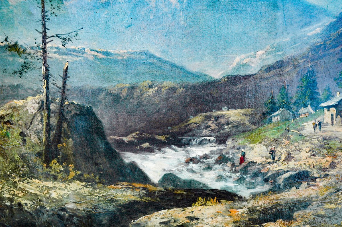 Tableau XIX HST Paysage de montagne, torrent signé GODCHAUX-photo-3