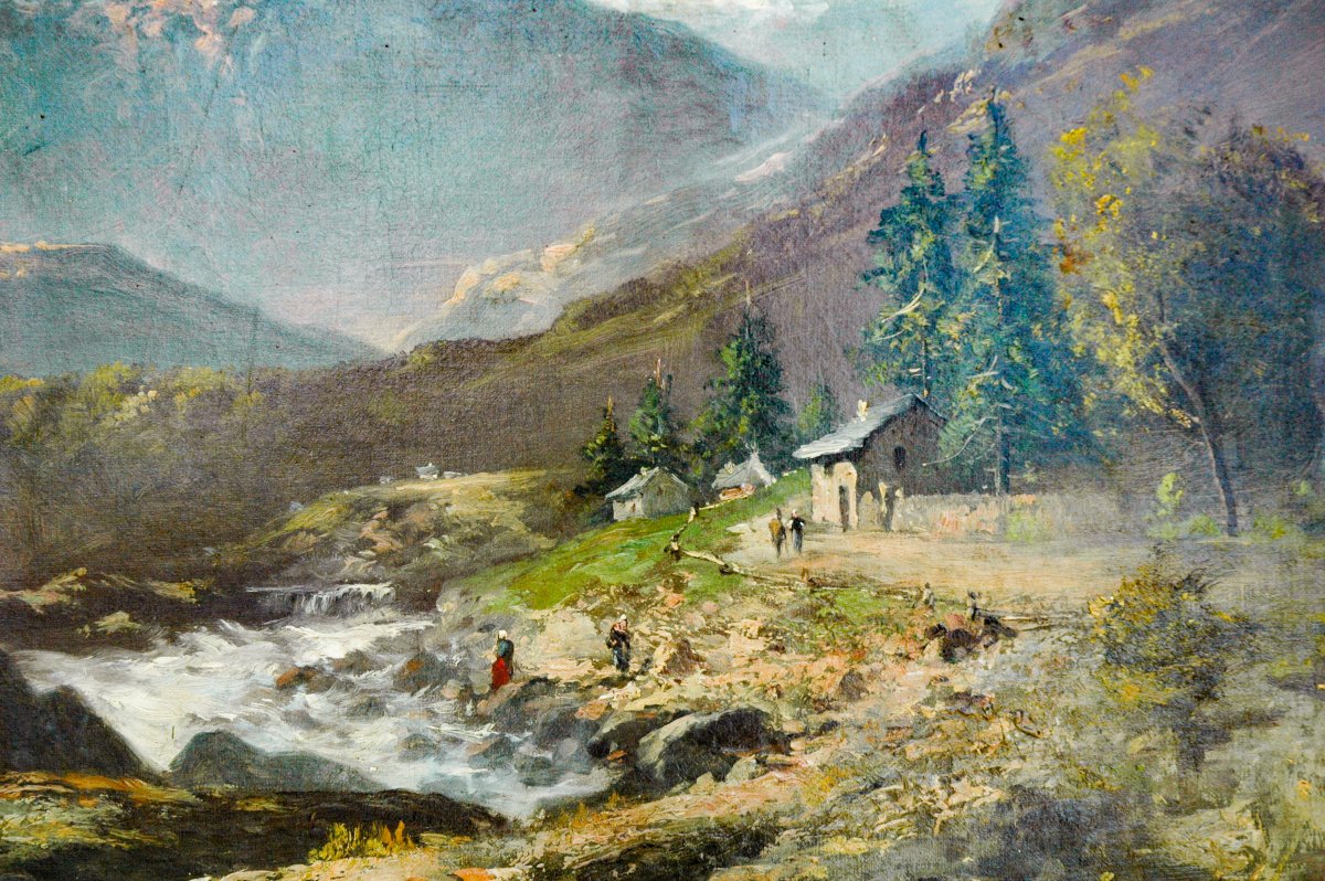 Tableau XIX HST Paysage de montagne, torrent signé GODCHAUX-photo-4