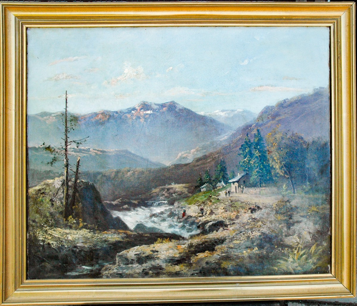 Tableau XIX HST Paysage de montagne, torrent signé GODCHAUX