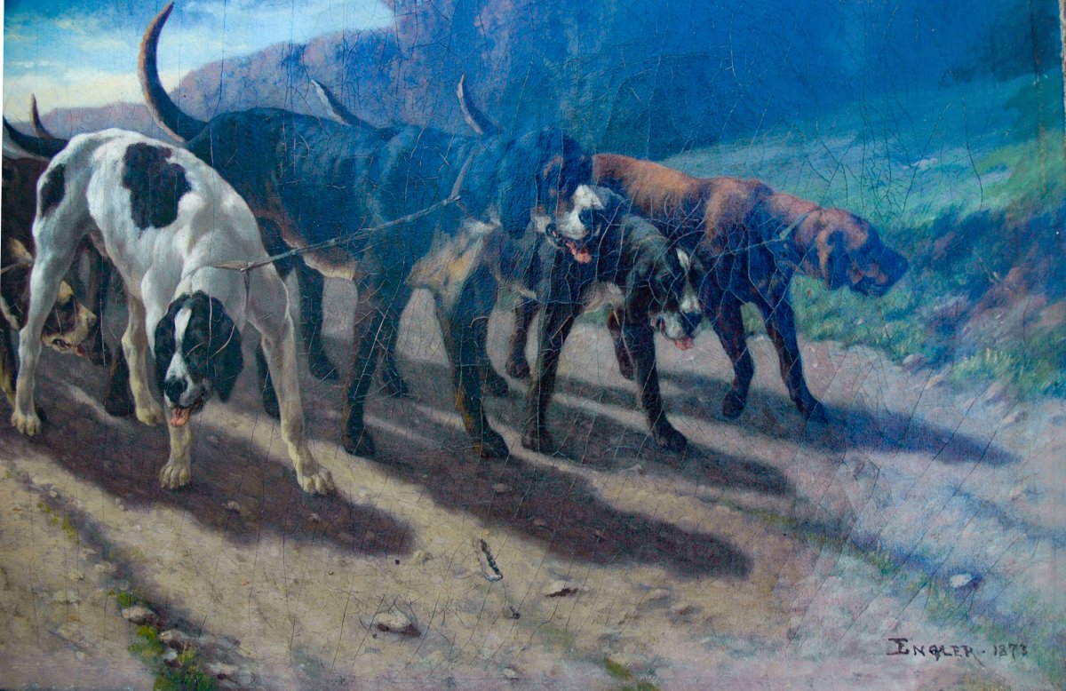Tableau XIX HST Chien de chasse signé ENGLERet daté 1873-photo-3